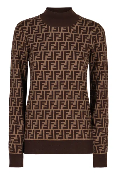 Fendi Ff Jacquard Turtleneck Sweater In Brown