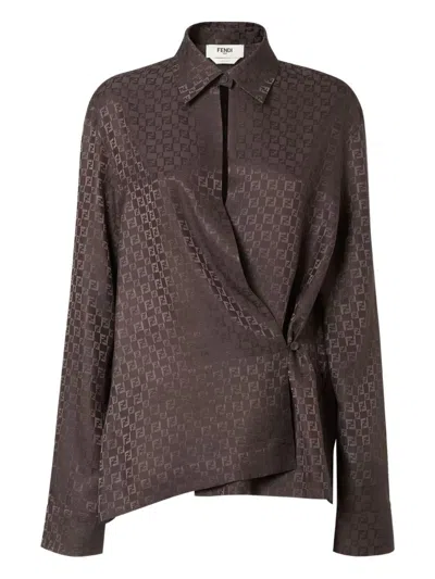 Fendi Silk Ff Jacquard Crossover Shirt In Brown
