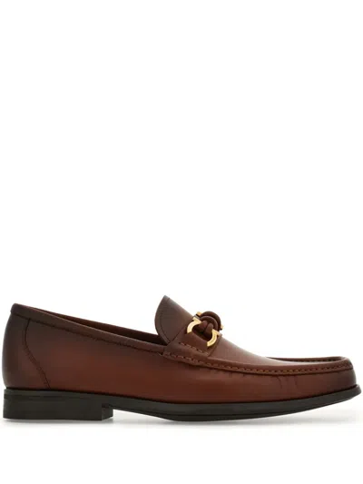 Ferragamo Alain Leather Loafers Gold-tone Hardware Round Toe In Brown