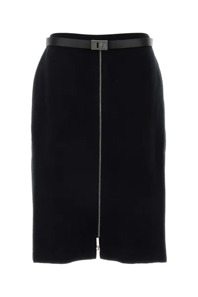 Ferragamo Stretch Wool Blend Skirt With Belted Waist In Black