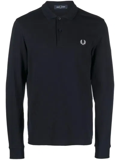 Fred Perry Embroidered Long-sleeve Polo Shirt In Blue