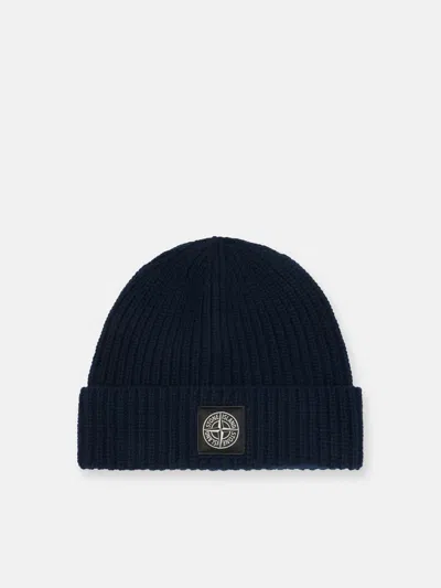 Stone Island Light Wool Knitted Beanie With Compass Patch Accessories In Black