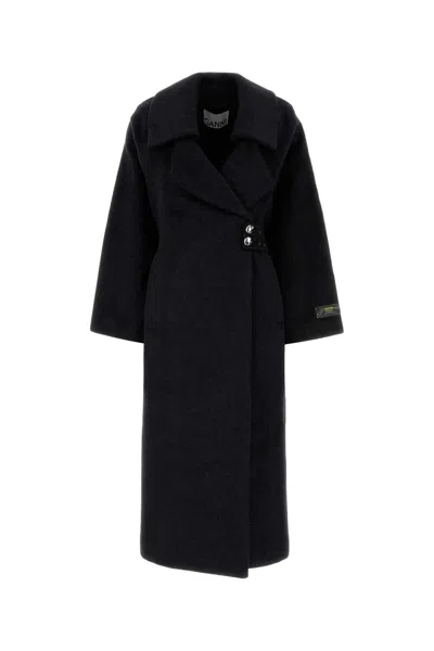 Ganni Double-face Wool Lace-up Coat Phantom In Black