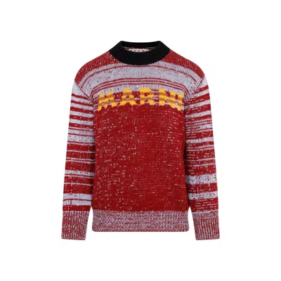 Marni Intarsia-knit-logo Virgin-wool Sweater In Red