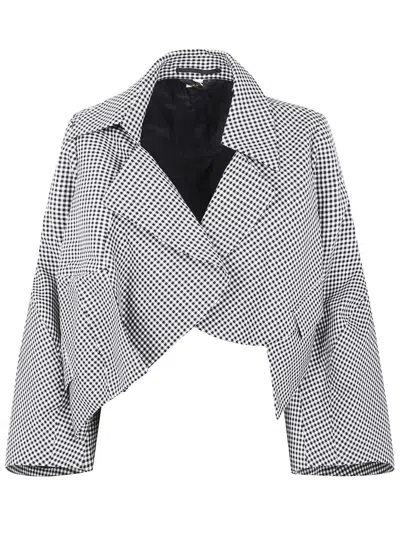 Comme Des Garçons Cropped Checkered Jacket Wide Sleeves In White