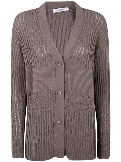 Max Mara Longline V-neck Sheer Knit Cardigan In Brown