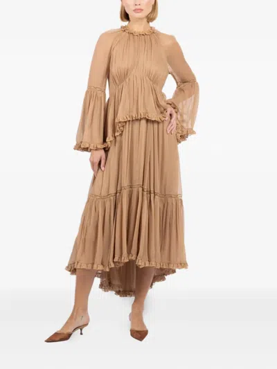 Zimmermann Hypnotic Lace-trimmed Tiered Crepe De Chine Midi Dress In Neutral
