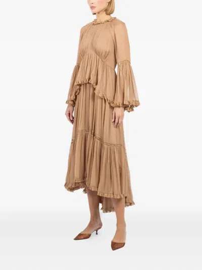 Zimmermann Hypnotic Lace-trimmed Tiered Crepe De Chine Midi Dress In Neutral