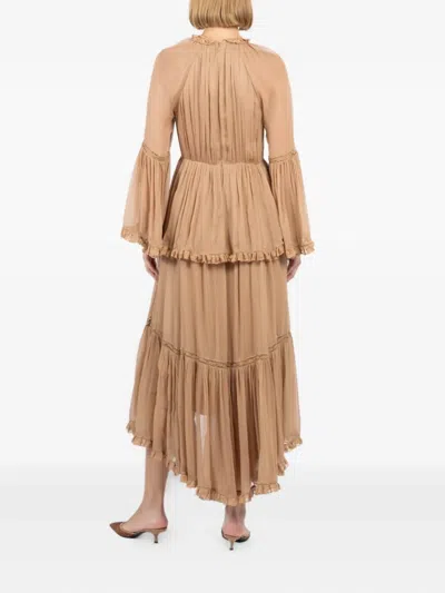 Zimmermann Hypnotic Lace-trimmed Tiered Crepe De Chine Midi Dress In Neutral