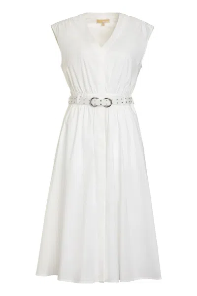 Michael Michael Kors White Sleeveless Long Dress With V Neck And Adjustable Belt In Cotton Stretch Woman In Multi