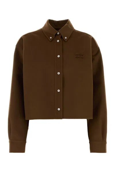 Miu Miu Cropped Long Sleeve Wool Blend Shirt In Brown