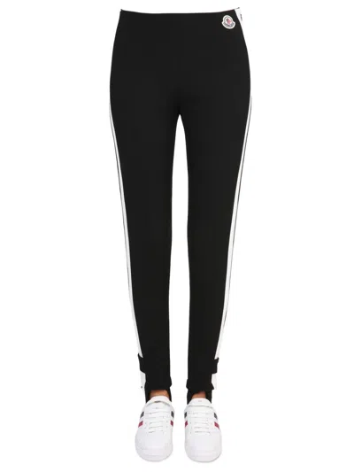 Moncler Black Stretch Fabric Leggings With Logo Patch In Black