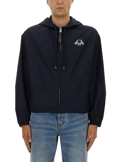 Moschino Hooded Black Nylon Jacket With Adjustable Hem In Blue