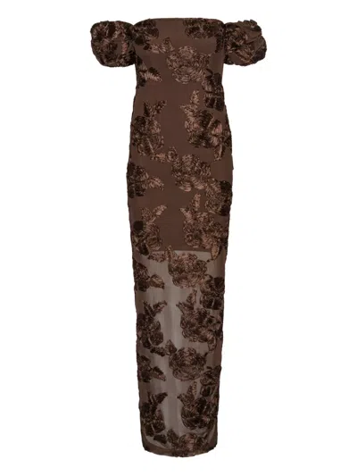 Rotate Birger Christensen Brown Long Dress With Removable Short Sleeves And All-over Floral Embroidery In Tech Fabric Stretch  In Animal Print