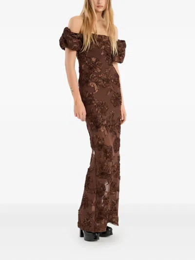 Rotate Birger Christensen Brown Long Dress With Removable Short Sleeves And All-over Floral Embroidery In Tech Fabric Stretch  In Animal Print