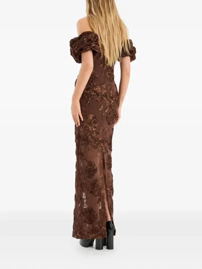 Rotate Birger Christensen Brown Long Dress With Removable Short Sleeves And All-over Floral Embroidery In Tech Fabric Stretch  In Animal Print