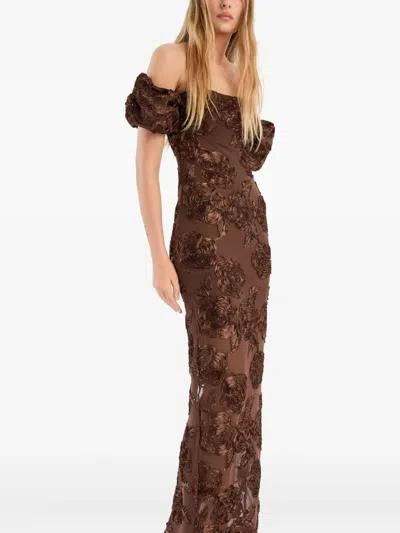 Rotate Birger Christensen Brown Long Dress With Removable Short Sleeves And All-over Floral Embroidery In Tech Fabric Stretch  In Animal Print