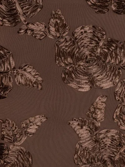 Rotate Birger Christensen Brown Long Dress With Removable Short Sleeves And All-over Floral Embroidery In Tech Fabric Stretch  In Animal Print