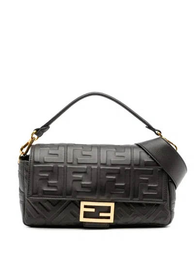 Pre-owned Fendi 2000-2010 Zucca Embossed Leather Baguette Satchel In Black