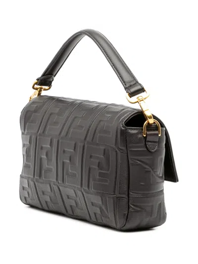 Pre-owned Fendi 2000-2010 Zucca Embossed Leather Baguette Satchel In Black