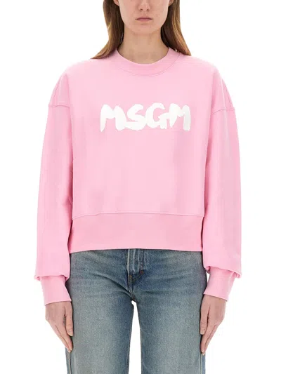 Msgm Logo Crew Neck Cropped Sweatshirt In Pink