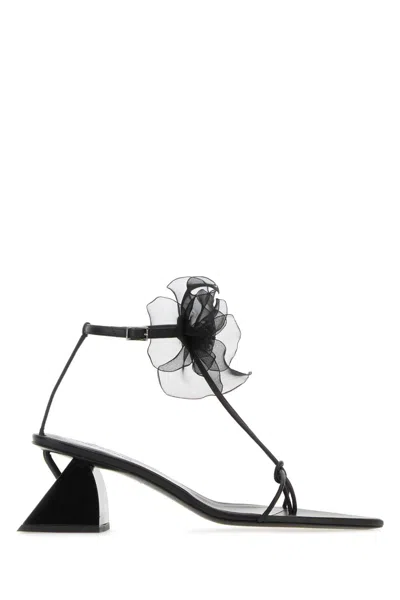 Nensi Dojaka Point Toe Soft Leather T-strap Sandals With Flower Applicati In Black