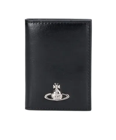 Vivienne Westwood Smooth Black Wallet With Iconic Emblem In Black