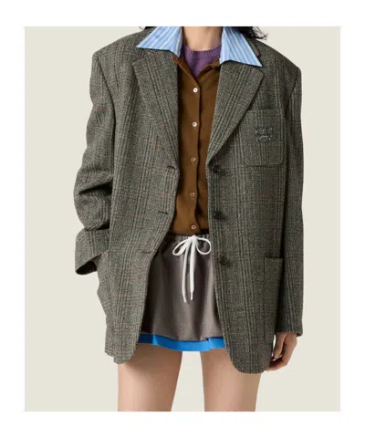 Miu Miu Single-breasted Chevron Jacket In Brown