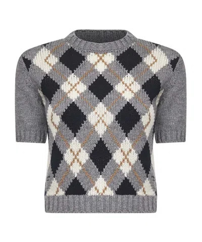 Prada Check-pattern Short-sleeved Jumper In Gray