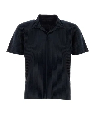 Issey Miyake Pleated Black Polo Shirt With Boxy Silhouette In Blue