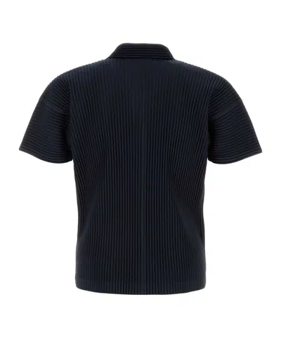 Issey Miyake Pleated Black Polo Shirt With Boxy Silhouette In Blue