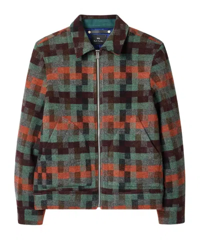Ps By Paul Smith Teal Jacquard Check Wool Zip Jacket Multicolour In Green