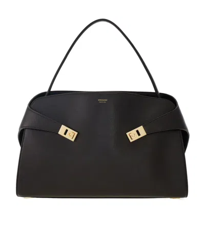 Ferragamo Dark Brown Leather Medium Hug Soft Shoulder Bag In Black