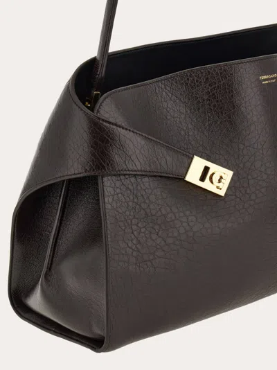Ferragamo Dark Brown Leather Medium Hug Soft Shoulder Bag In Black