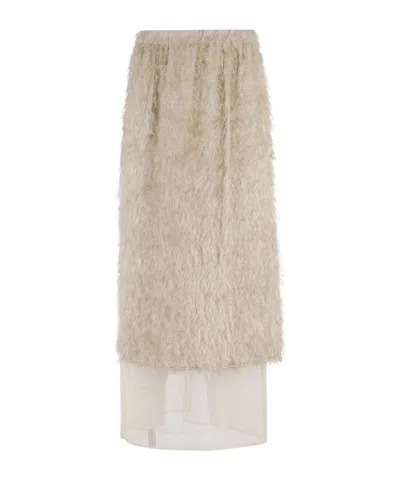 Alysi Fringe Overlay Midi Skirt With Tulle Underskirt In Neutral