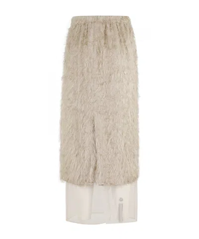 Alysi Fringe Overlay Midi Skirt With Tulle Underskirt In Neutral