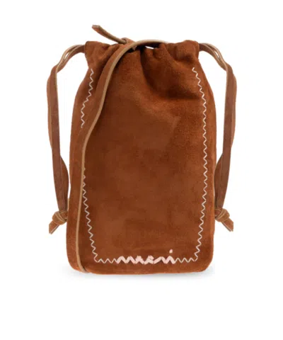 Marni Drawstring Suede-leather Cross Body Bag In Brown