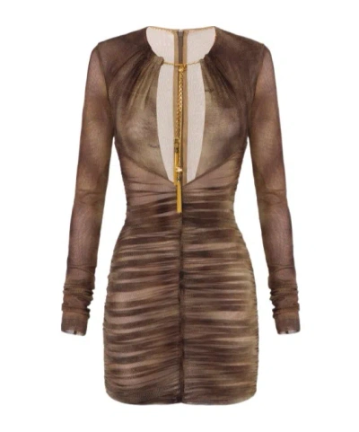 Elisabetta Franchi Dress In Tulle Fabric With Python Print And Necklace In Brown