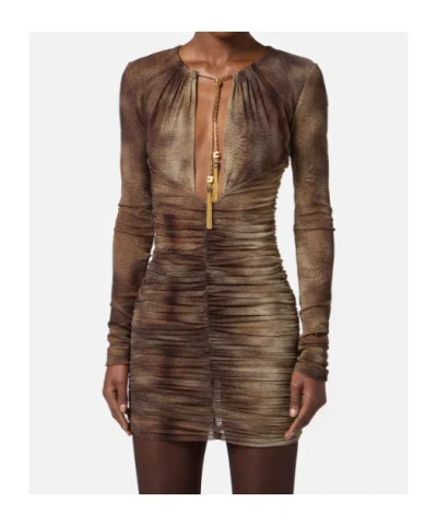 Elisabetta Franchi Dress In Tulle Fabric With Python Print And Necklace In Brown