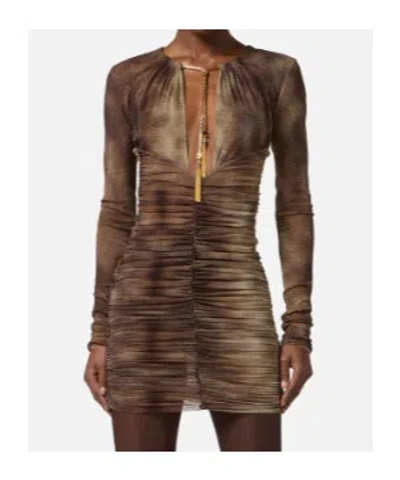Elisabetta Franchi Dress In Tulle Fabric With Python Print And Necklace In Brown