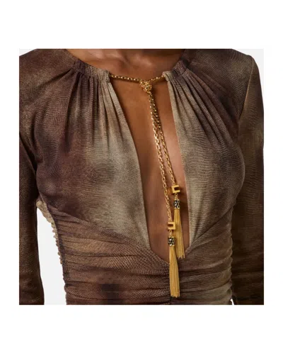 Elisabetta Franchi Dress In Tulle Fabric With Python Print And Necklace In Brown