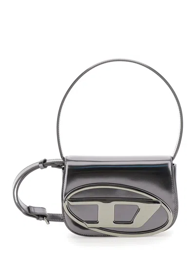 Diesel 1dr Silver-tone Shoulder Bag With Oval D Patch In Lamintaed Leather Woman In Gray