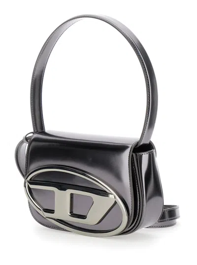 Diesel 1dr Silver-tone Shoulder Bag With Oval D Patch In Lamintaed Leather Woman In Gray
