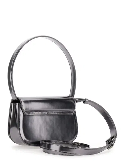 Diesel 1dr Silver-tone Shoulder Bag With Oval D Patch In Lamintaed Leather Woman In Gray