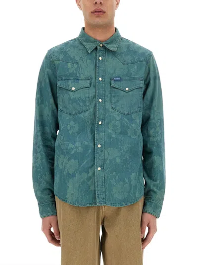 Paul Smith London Floral Cotton Denim Western Snap-up Shirt In Blue