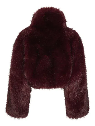 Rotate Birger Christensen Bordeaux Cropped Fur Jacket With Concealed Front Closure In Faux-fur Woman In Burgundy