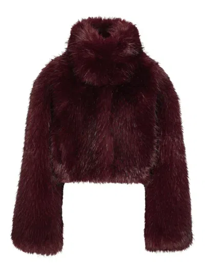 Rotate Birger Christensen Bordeaux Cropped Fur Jacket With Concealed Front Closure In Faux-fur Woman In Burgundy