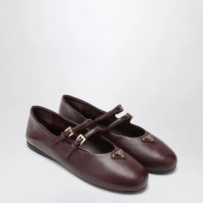 Prada Nappa Leather Double-strap Triangle Logo Ballerina Flats In Burgundy