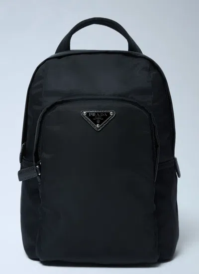 Prada Mens Black Logo-plaque Re-nylon And Saffiano-leather Backpack In Blue