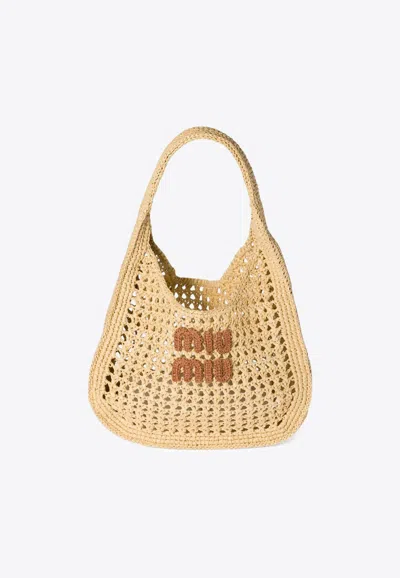 Miu Miu Raffia-effect Woven Hobo Bag In Sand